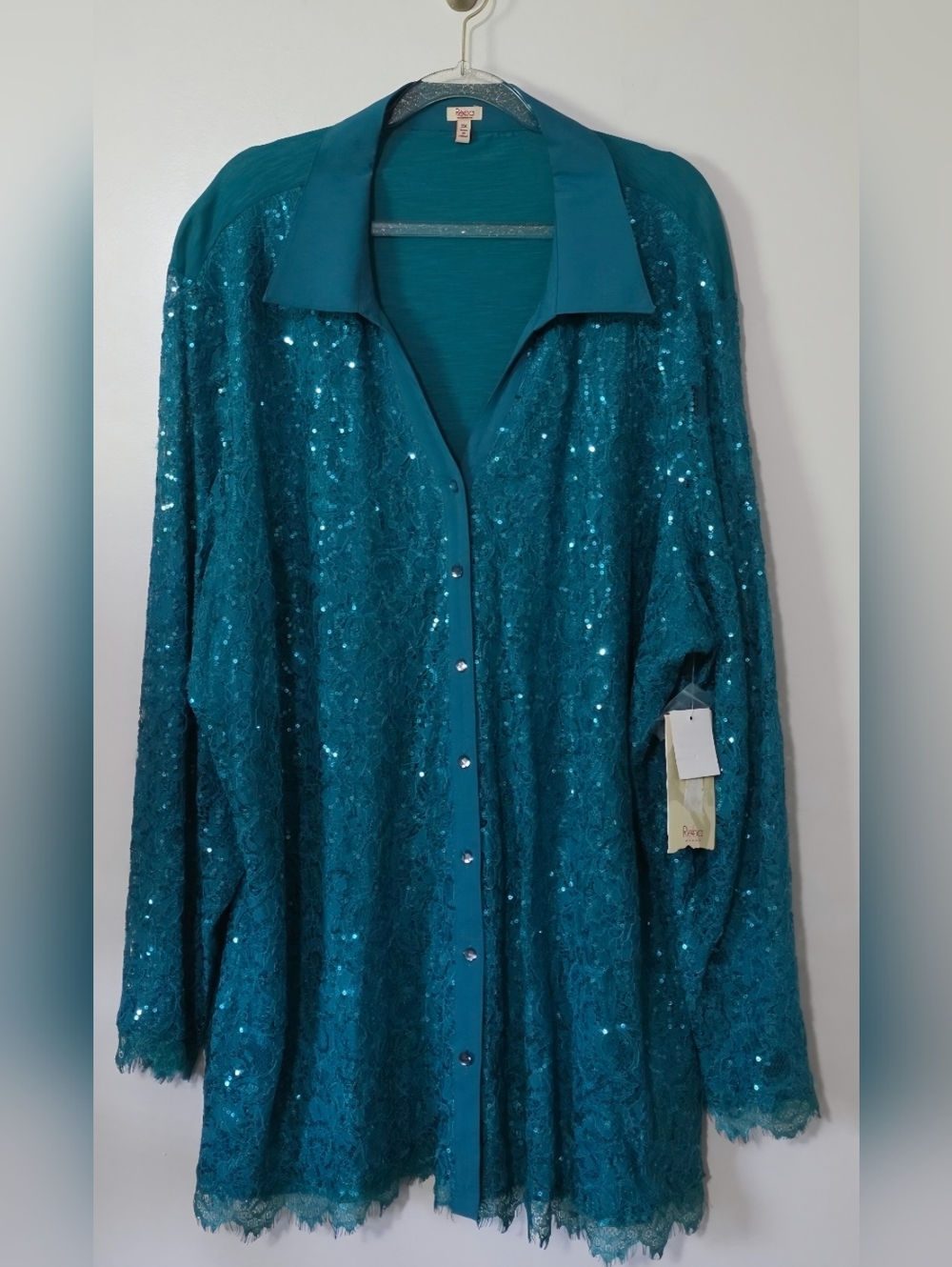 NWT Reba Woman Plus Emerald Green Lace Tunic Top Sequins Party Date Church 3X